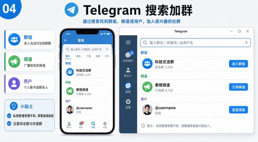 纸飞机怎么加入群组?群链接、搜索加群和安全提醒 image 3