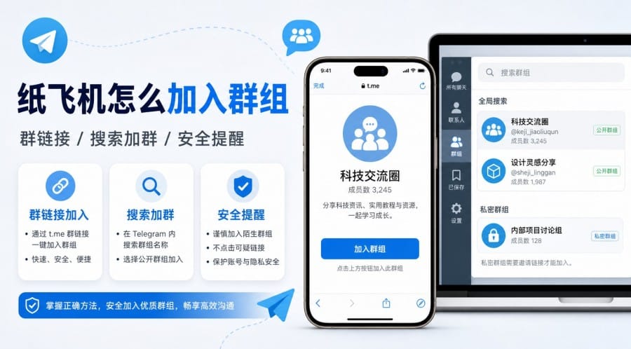 纸飞机怎么加入群组?群链接、搜索加群和安全提醒